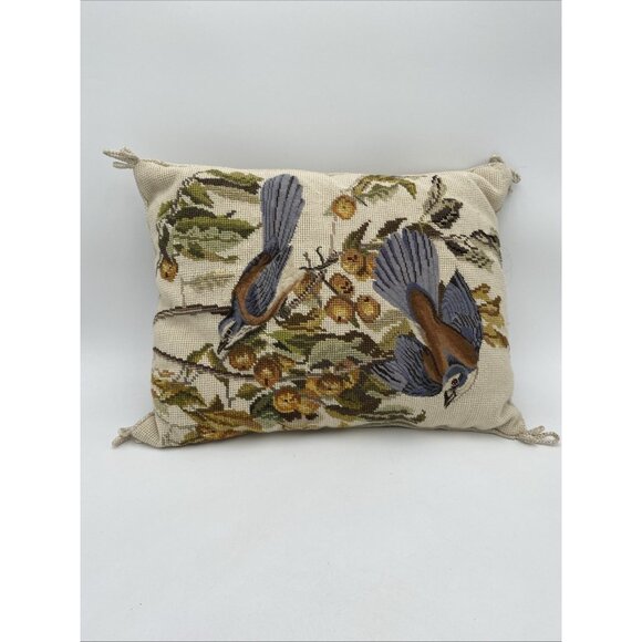 Katha Diddel Needlepoint Wool Pillow Birds Fruit Tree Blue Brown Off White 17X13 - Picture 1 of 15